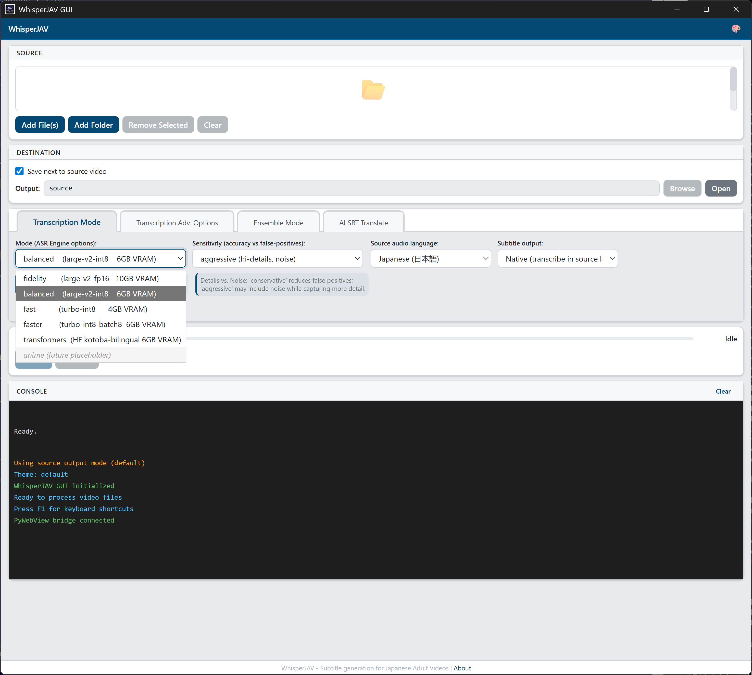 Mode dropdown expanded showing all pipeline options