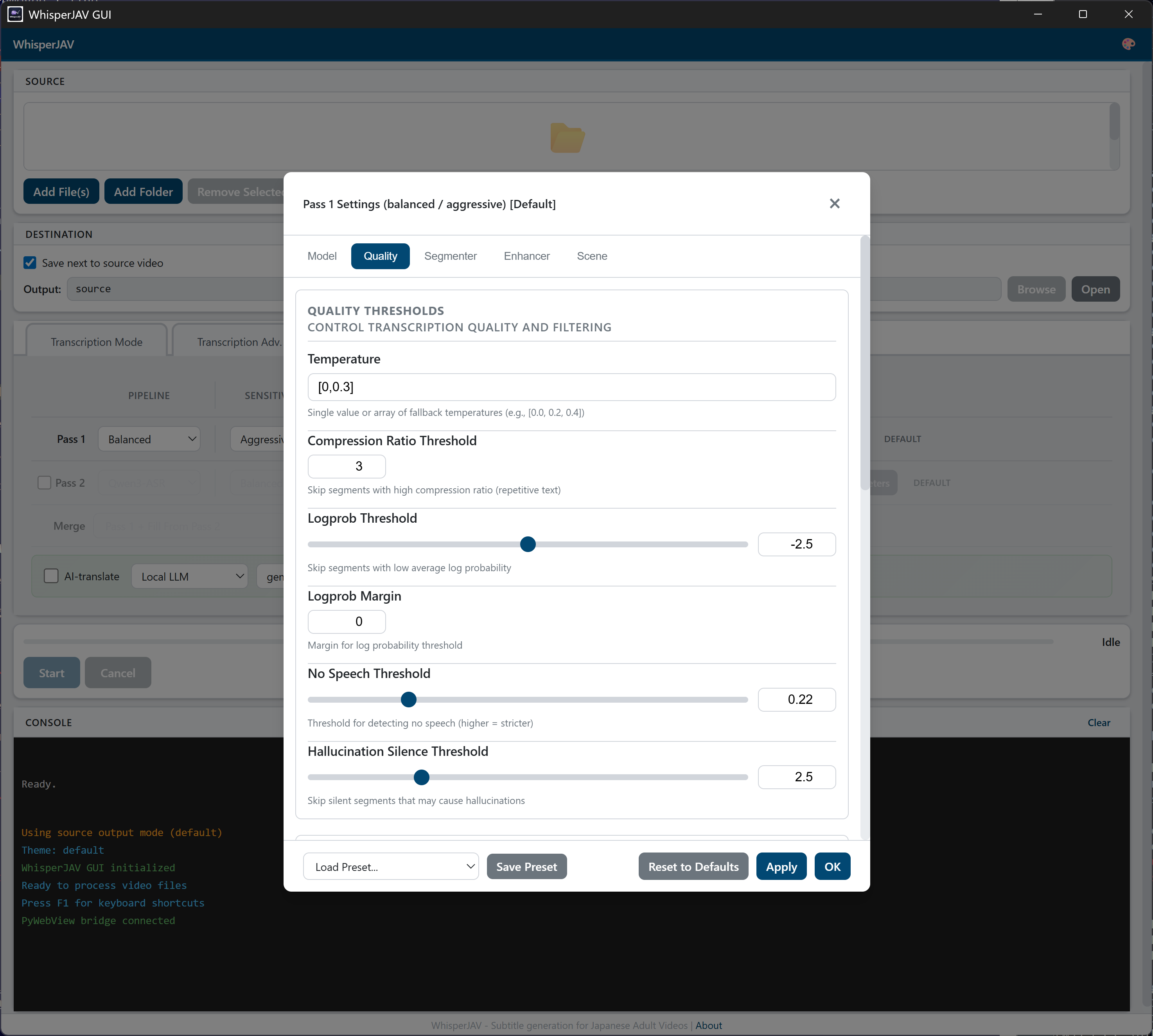 Customize Parameters modal — Quality tab
