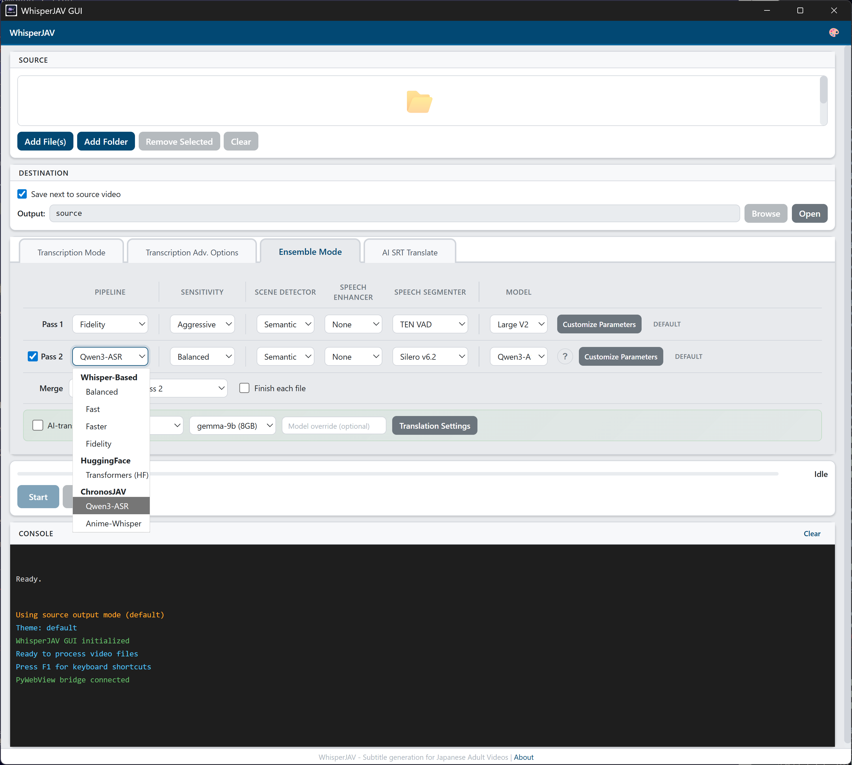 Pipeline dropdown showing all available backends