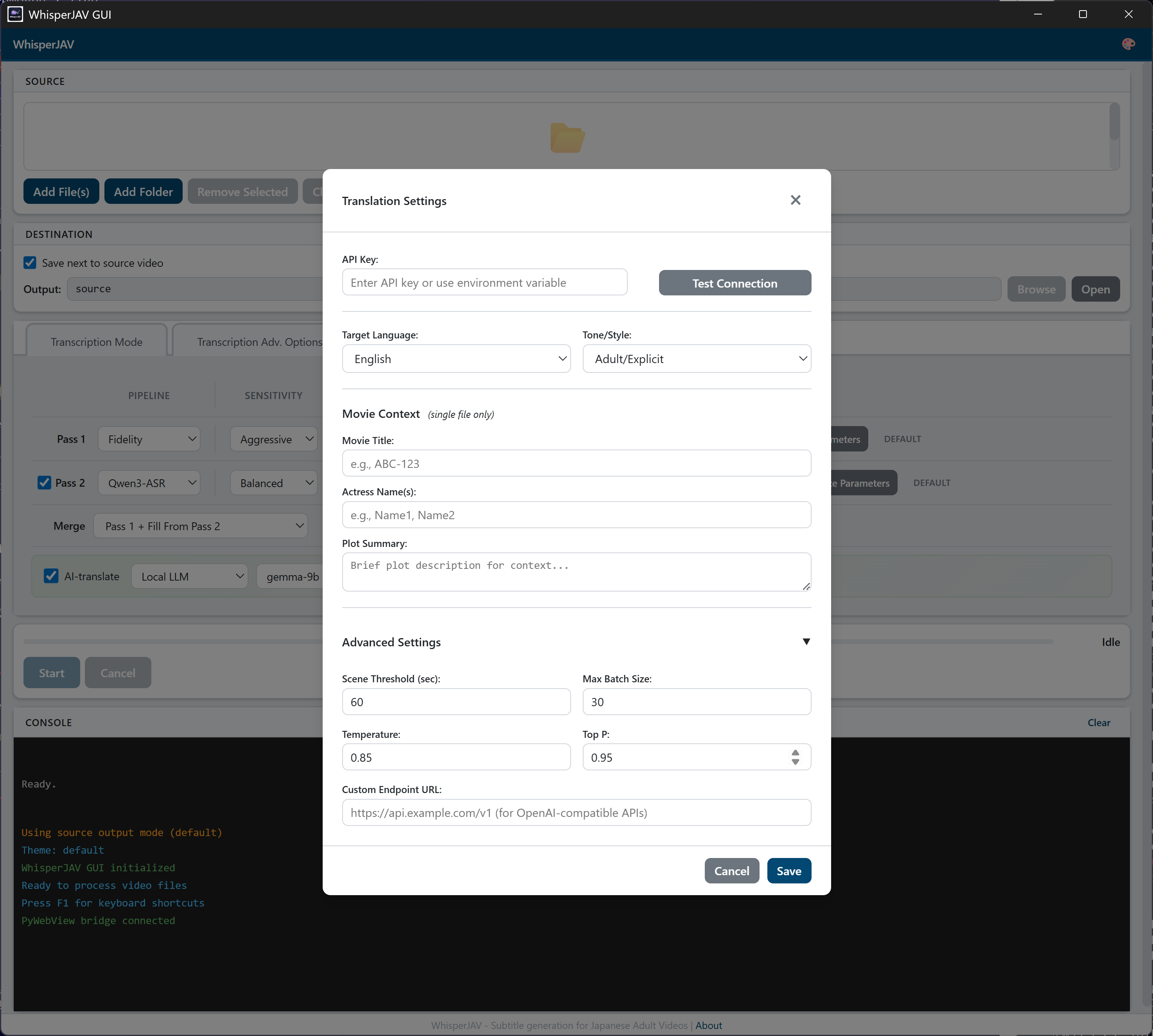 Translation Settings modal
