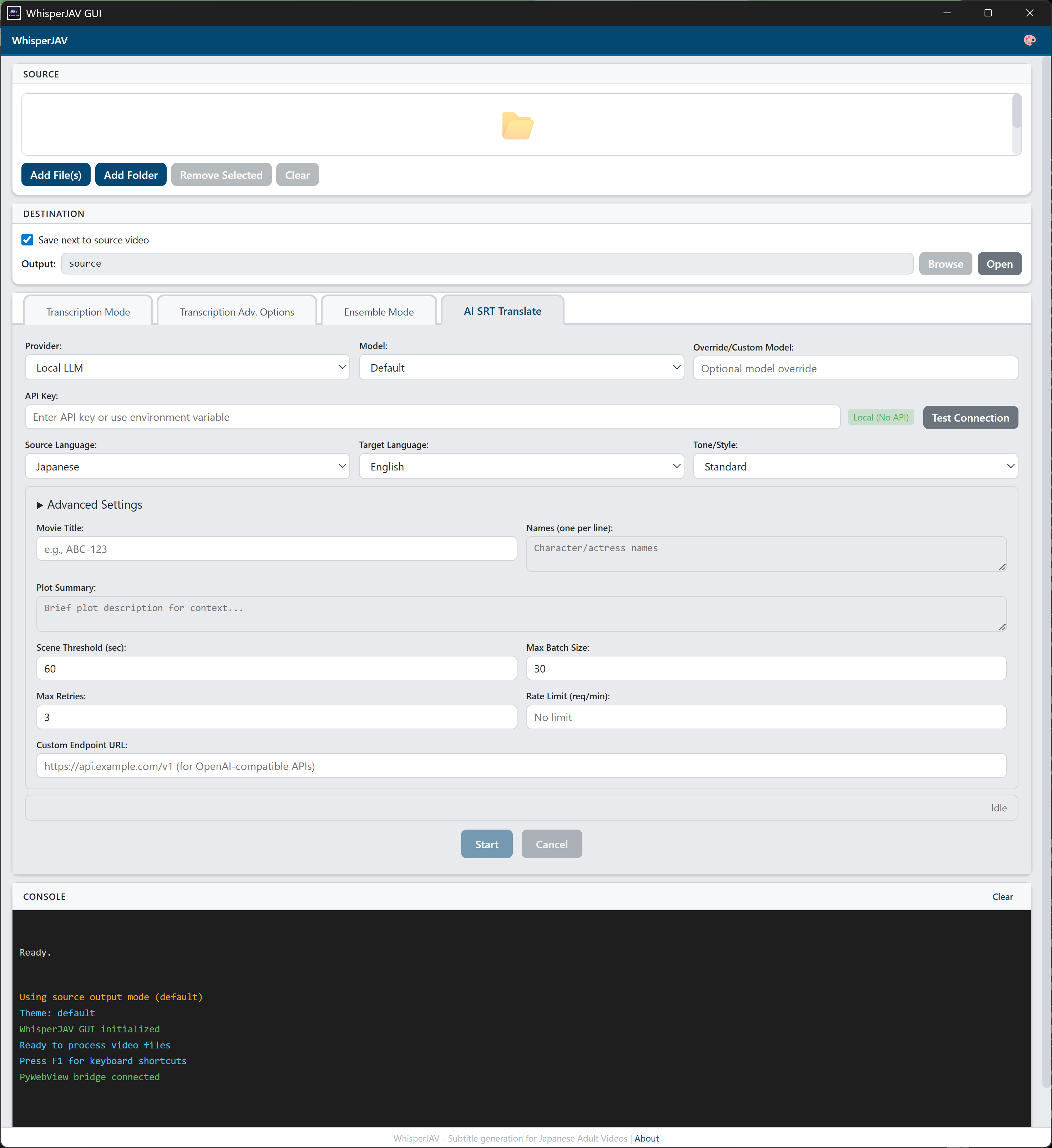 AI SRT Translate 标签页 — 完整视图